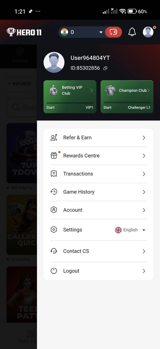 Signed-in Hero11 account menu with settings and logout.