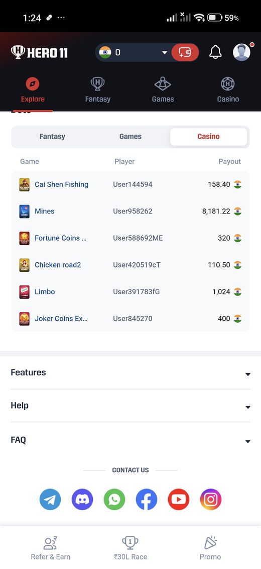 Hero11 bets list on the Casino tab.