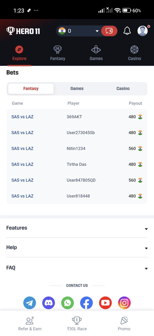Hero11 bets list on the Fantasy tab.