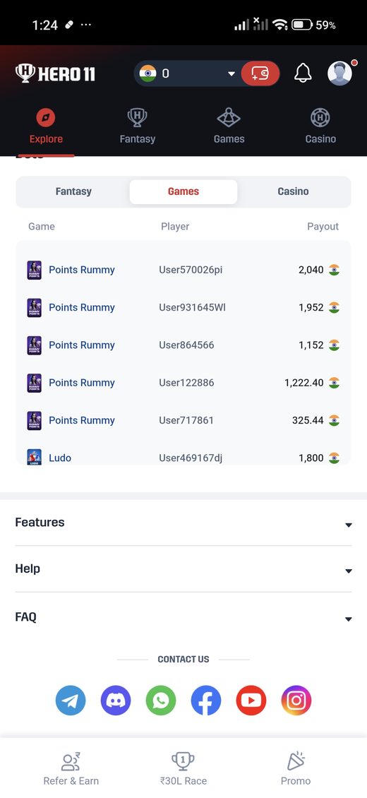 Hero11 bets list on the Games tab.
