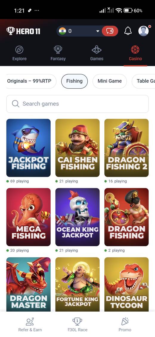 Hero11 fishing category and game search.