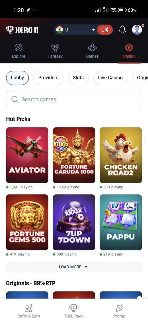 Hero11 casino lobby with Hot Picks tiles.