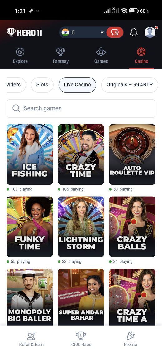 Hero11 Live Casino category.
