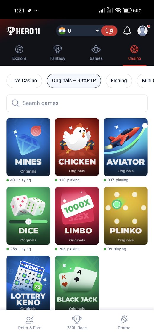 Hero11 casino Originals category.