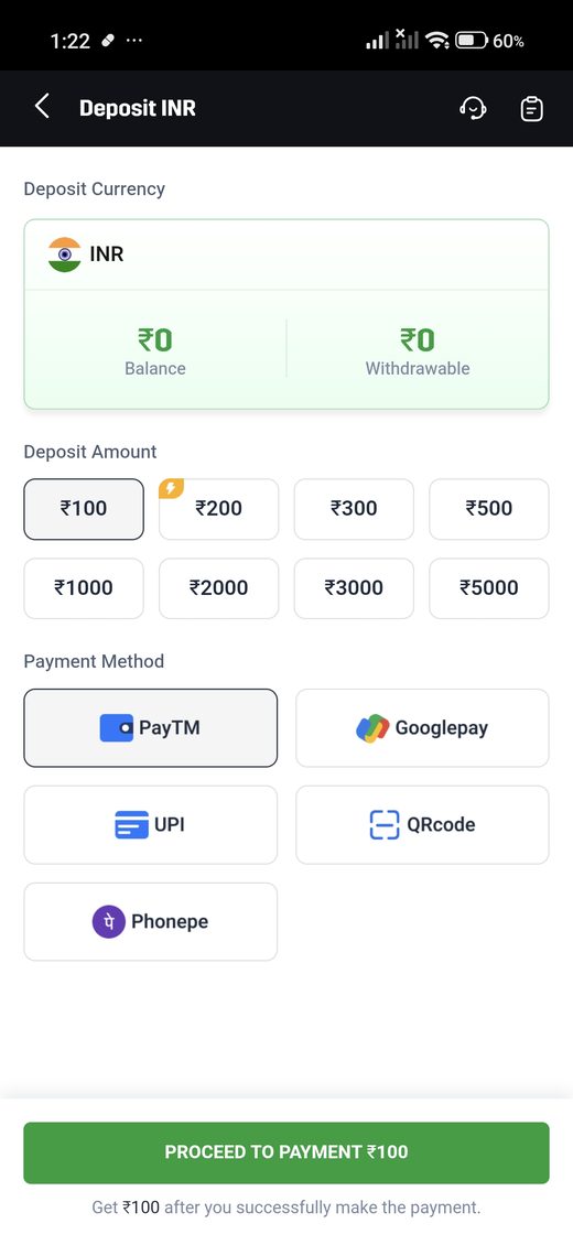 Hero11 INR deposit screen with payment method buttons.
