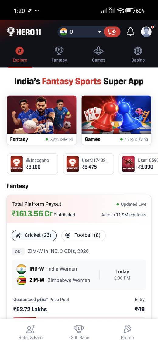 Hero11 Explore screen showing a cricket fixture under the fantasy block.