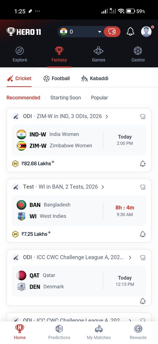 Hero11 cricket fixture list with ODI and Test cards.