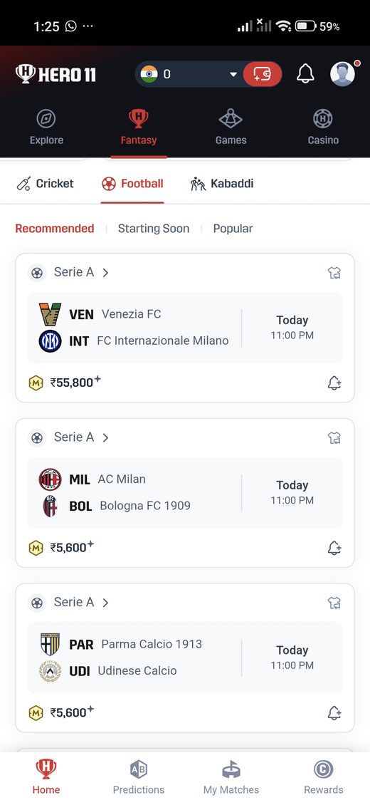 Hero11 football fixture list with Serie A cards.