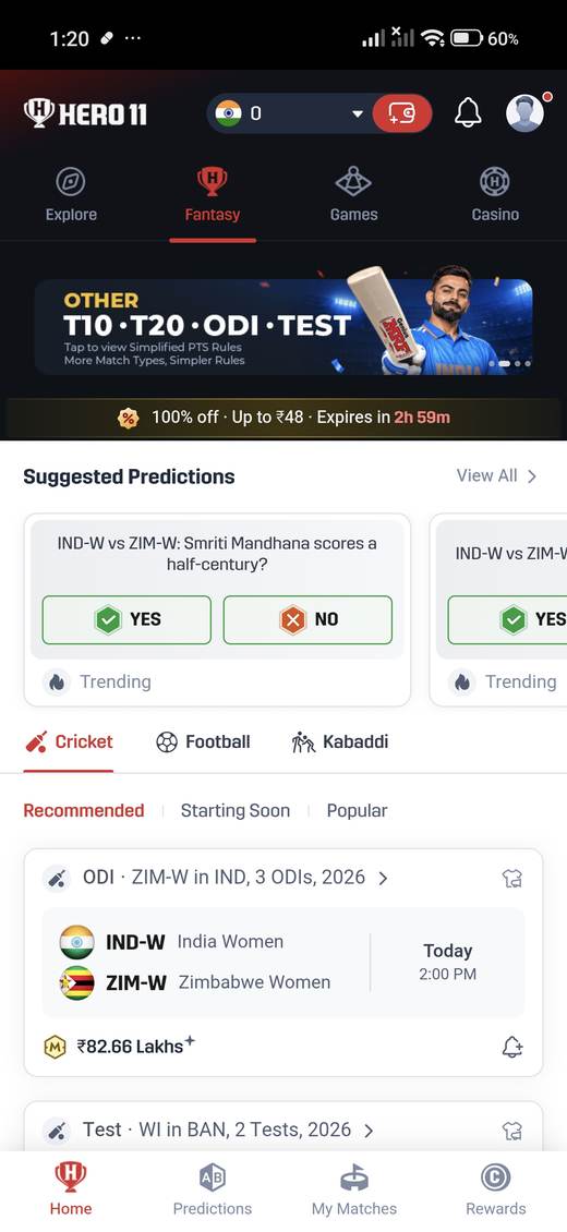 Hero11 fantasy cricket screen with a prediction card and an ODI match.