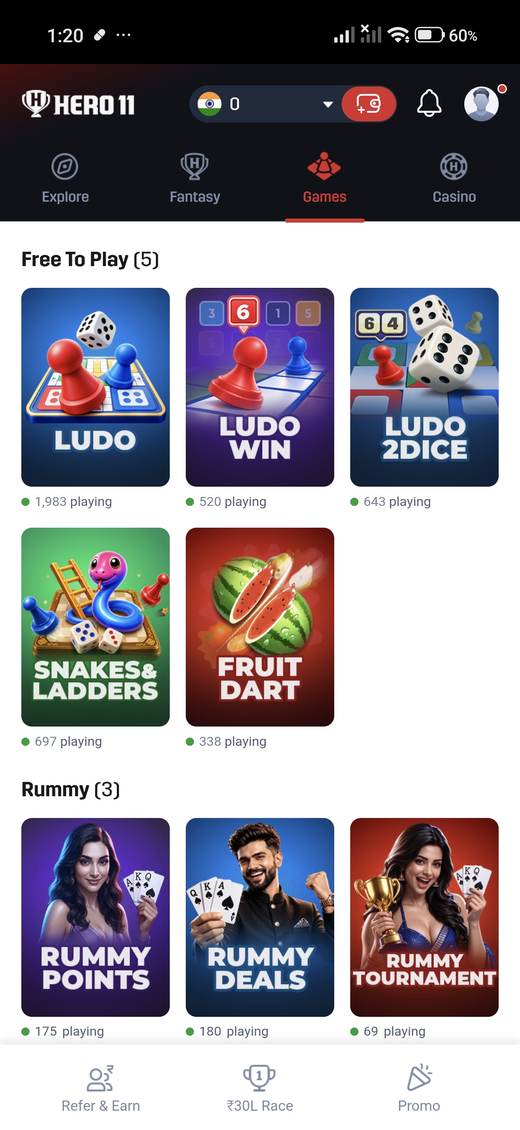 Hero11 casual games screen.