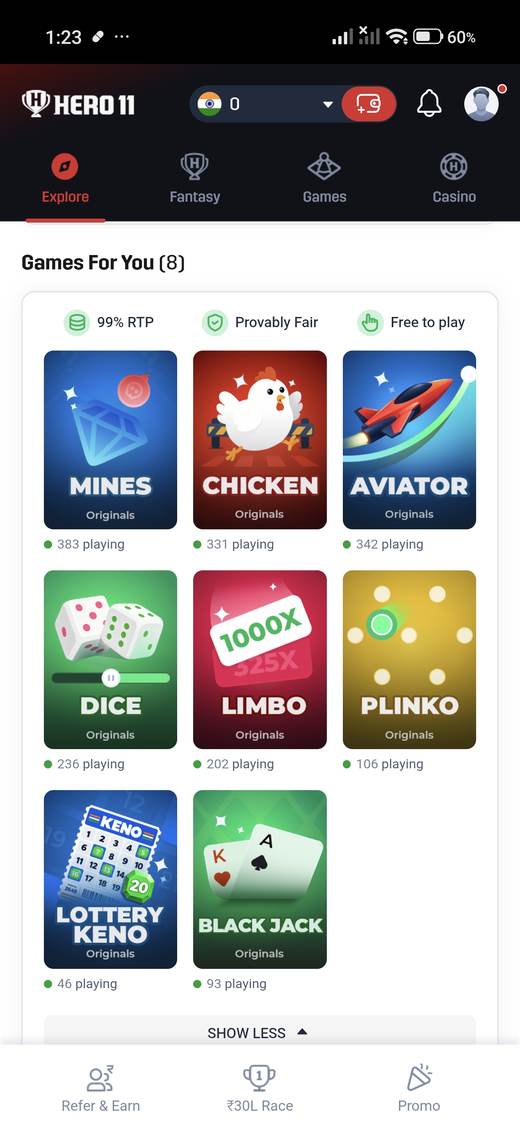 Mines, Chicken, Aviator, Dice, Limbo, Plinko, Keno, and Blackjack tiles.