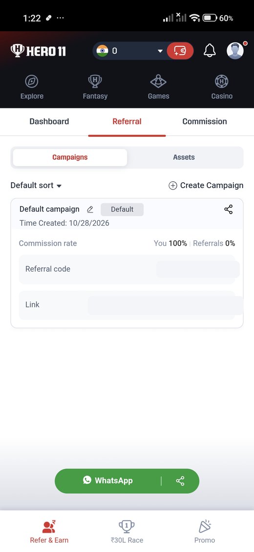 Hero11 referral campaign tab. The code and link are covered.