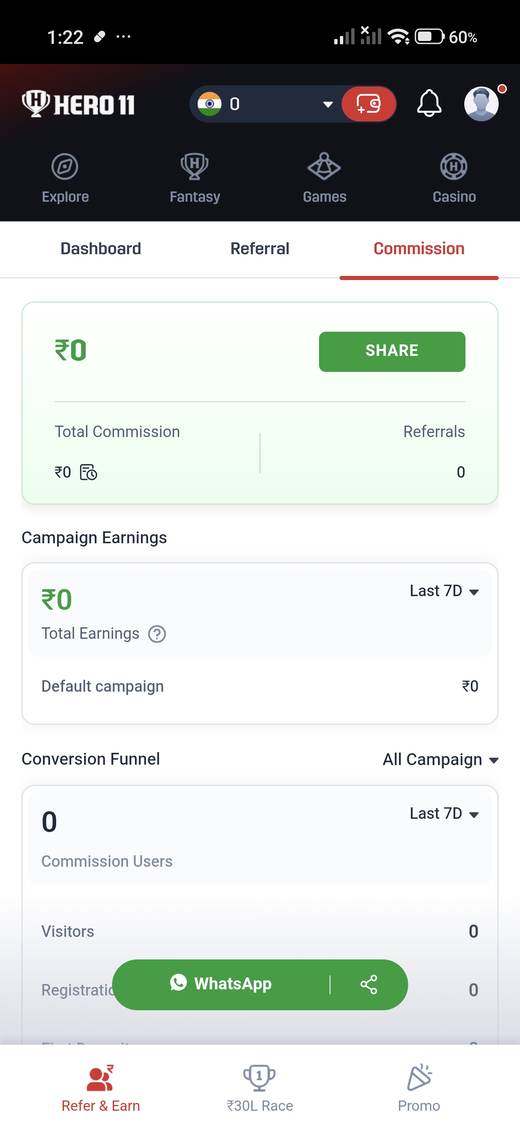Hero11 commission tab with share and referral totals.