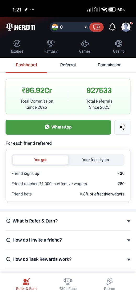 Hero11 referral dashboard with commission and referral totals.