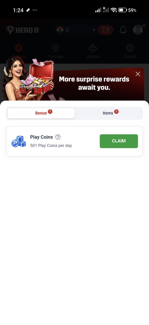 Hero11 rewards sheet with a Play Coins claim.