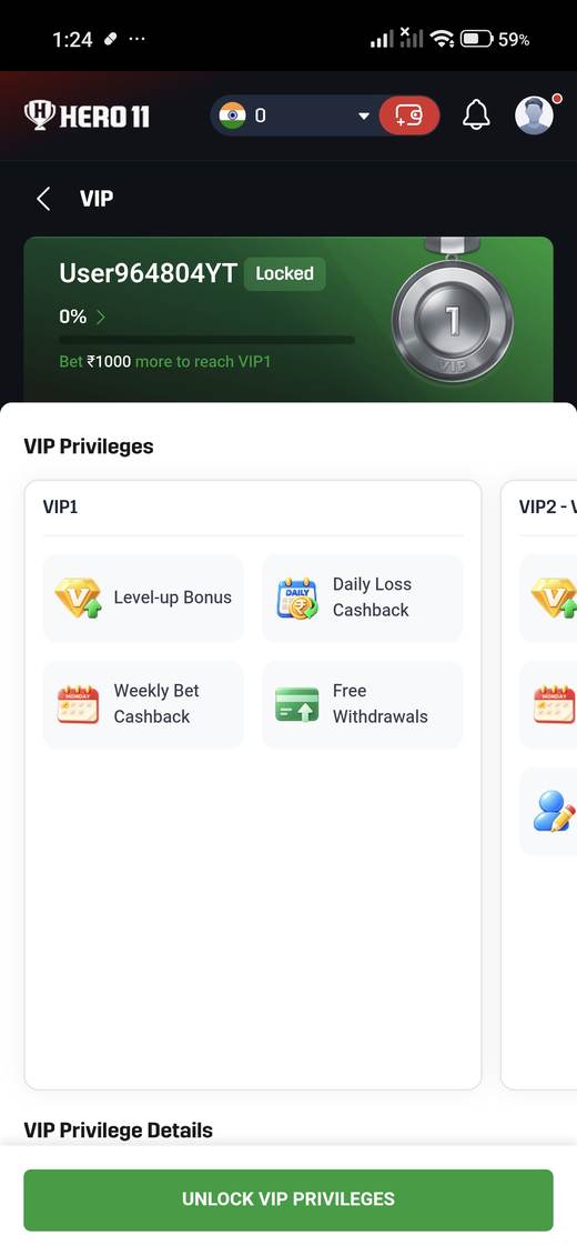 Hero11 VIP screen opened from the account sheet.